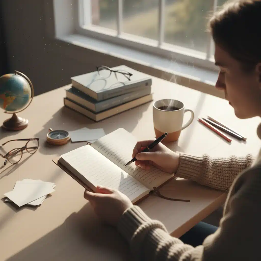 Person journaling, reflecting on life's direction and aligning actions with personal values.