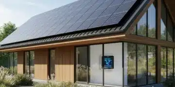 Modern home with solar panels, green landscaping, and smart thermostat for energy efficiency.
