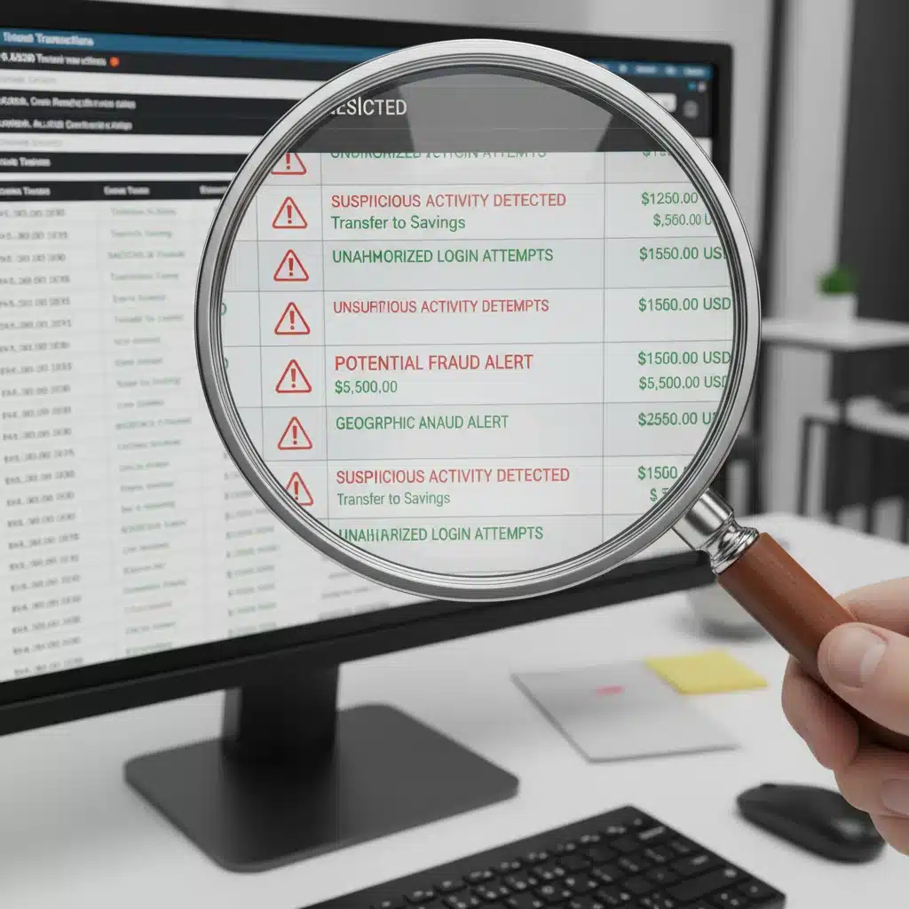Magnifying glass over financial transactions, indicating proactive fraud monitoring
