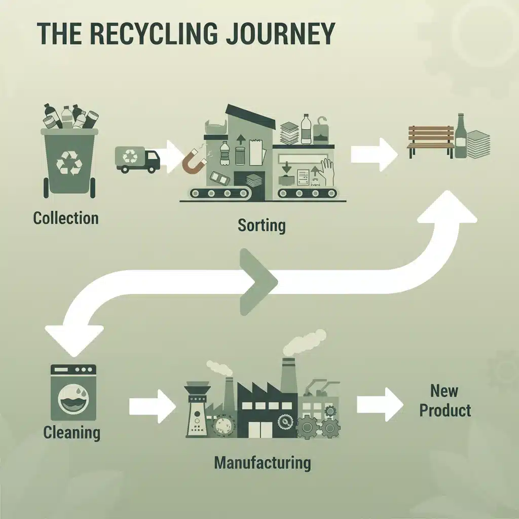 Infographic showing the recycling process from bin to new product