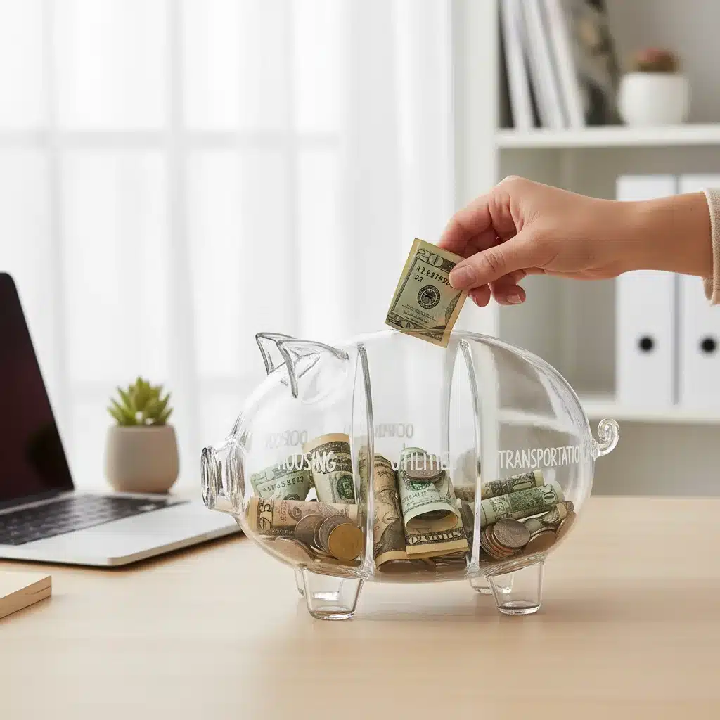 Person diligently saving money into a labeled piggy bank, symbolizing expense tracking and disciplined emergency fund contributions.