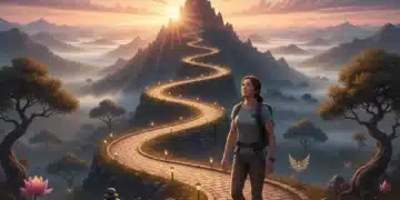 Person confidently walking up a winding path towards a mountain peak at sunrise, symbolizing self-mastery and personal growth.