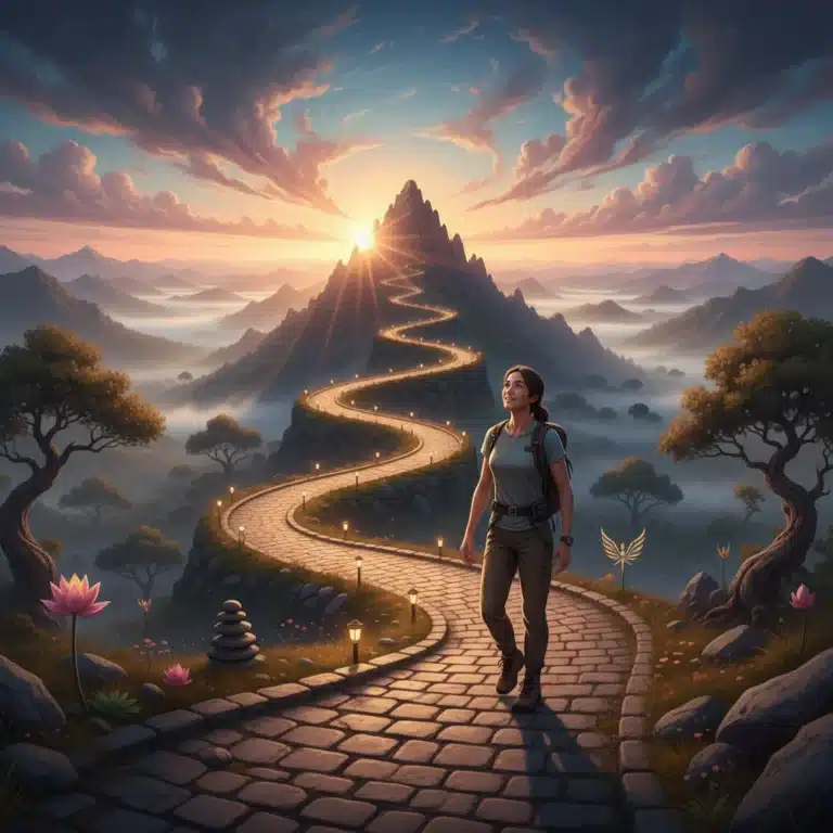 Person confidently walking up a winding path towards a mountain peak at sunrise, symbolizing self-mastery and personal growth.