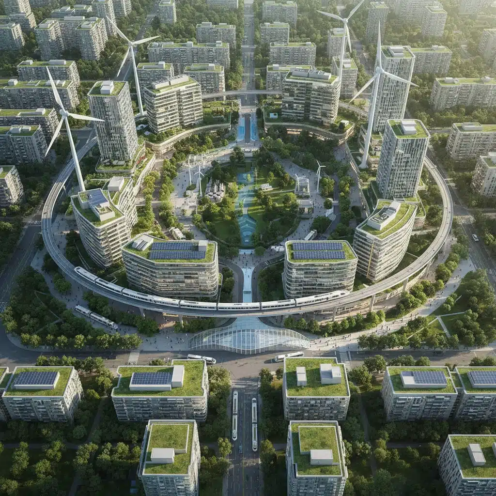 Aerial view of a smart, sustainable city neighborhood with green infrastructure and efficient transport.