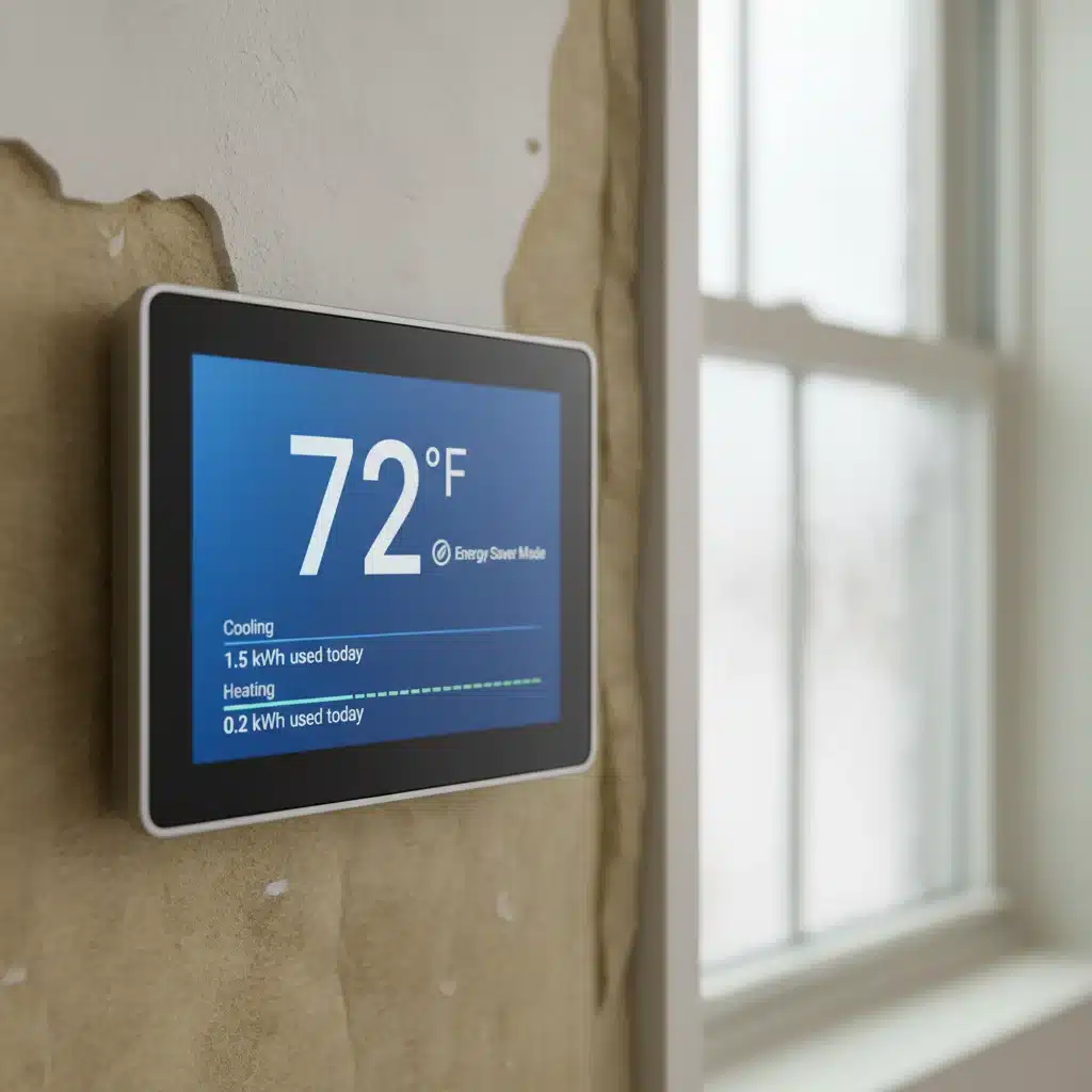 Smart thermostat displaying energy usage in an insulated home.