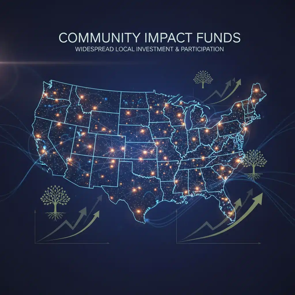 Digital map of the U.S. showing glowing points for 'Community Impact Funds' in different states.