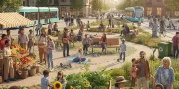 Diverse community members engaging in a vibrant urban neighborhood, showcasing strong local connections and sustainable practices.
