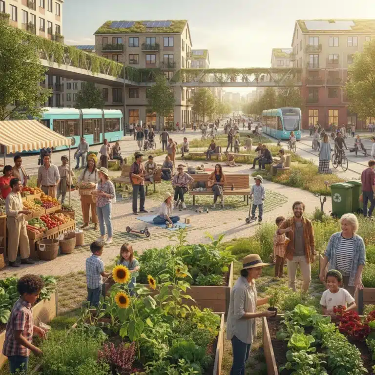 Diverse community members engaging in a vibrant urban neighborhood, showcasing strong local connections and sustainable practices.