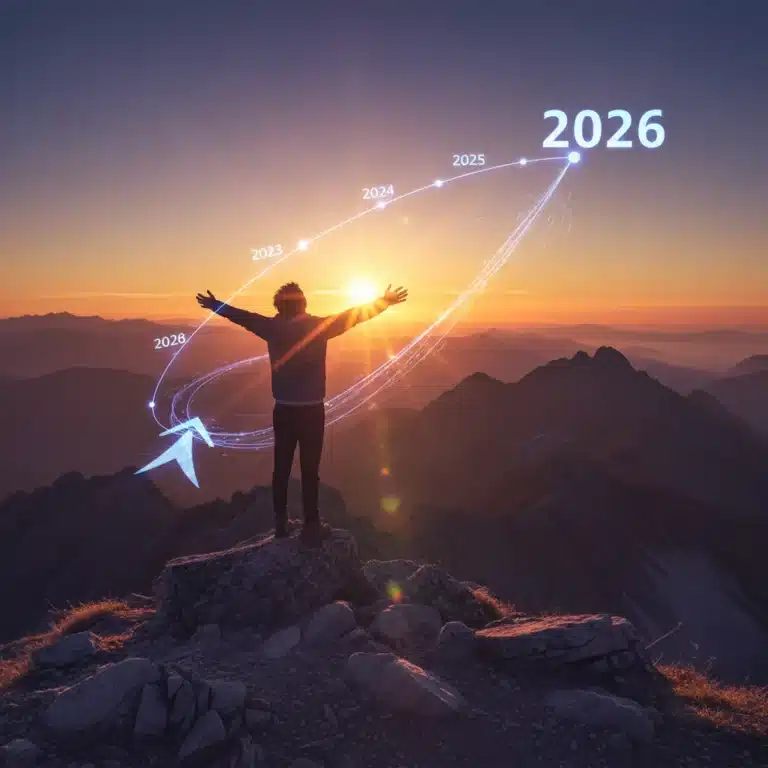 Person triumphantly overlooking a sunrise from a mountain peak, symbolizing achieving personal goals by 2026.