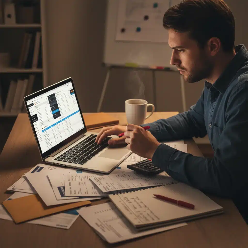 Person analyzing credit card statements and budgeting on a laptop for debt management.