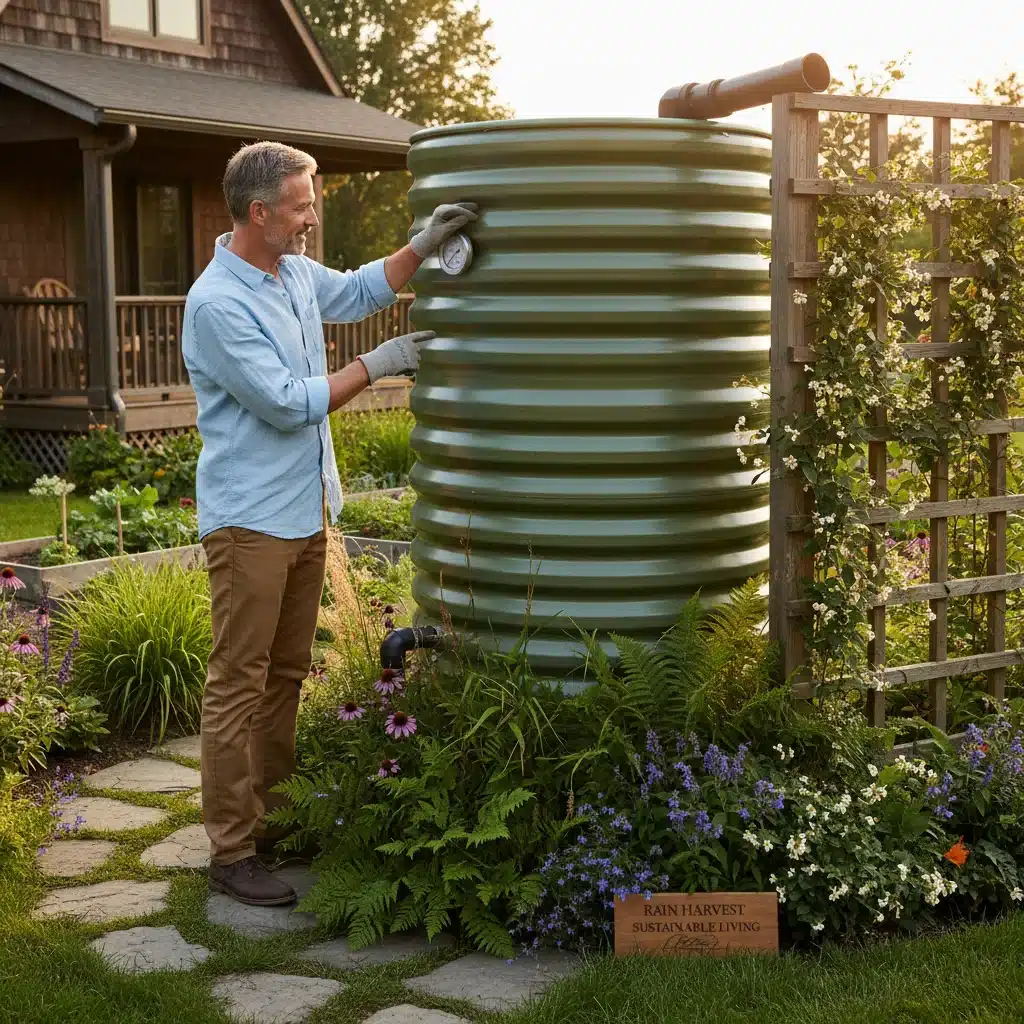 Homeowner inspecting backyard rainwater storage tank