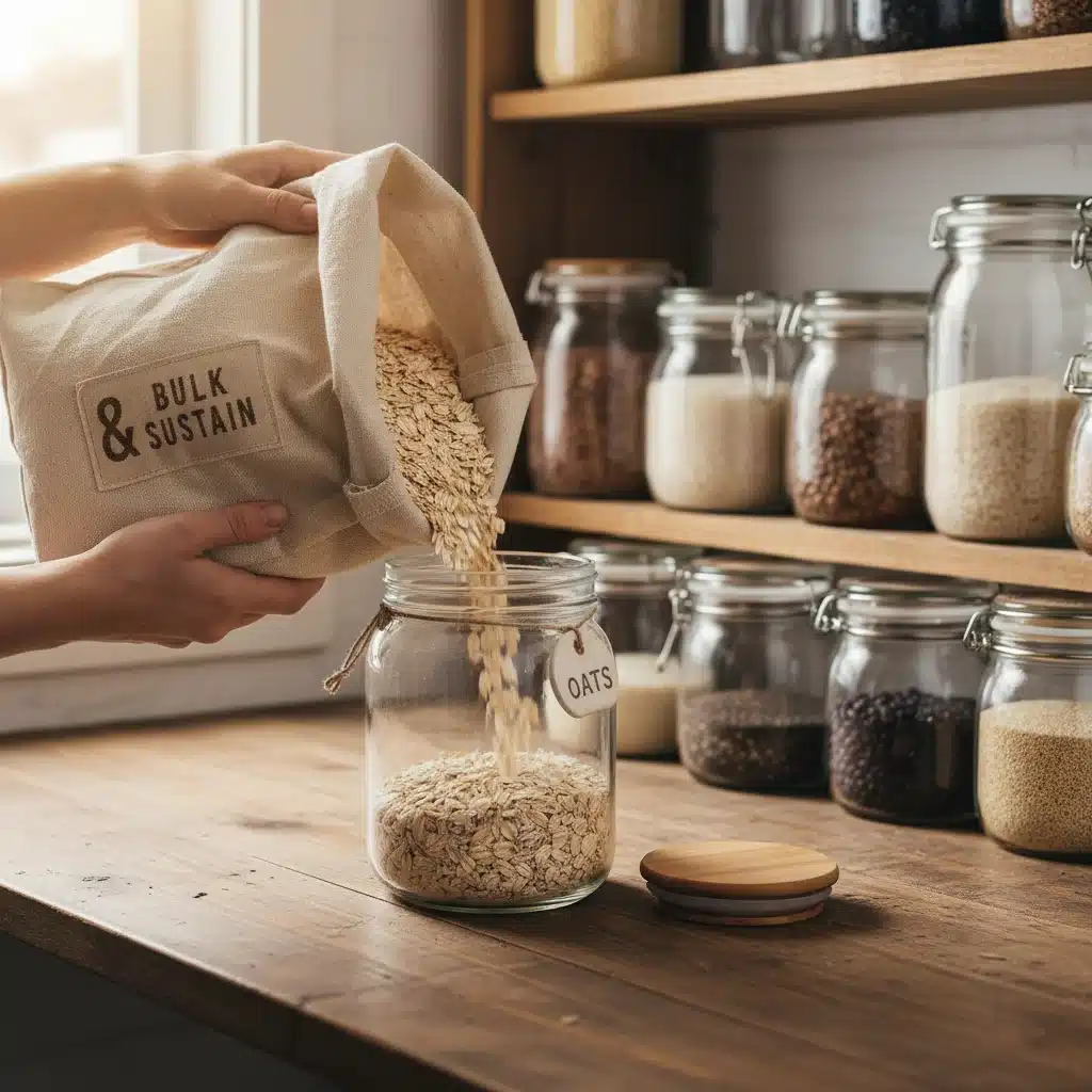 Decanting bulk oats into a glass jar for a zero-waste pantry