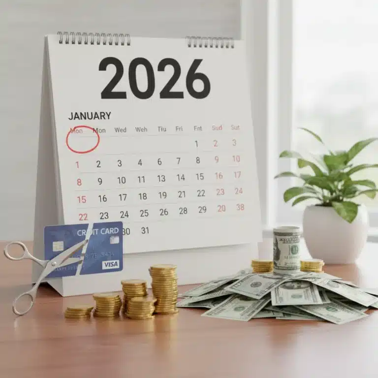 Calendar showing 2026 with a credit card being cut, symbolizing debt reduction and financial freedom.