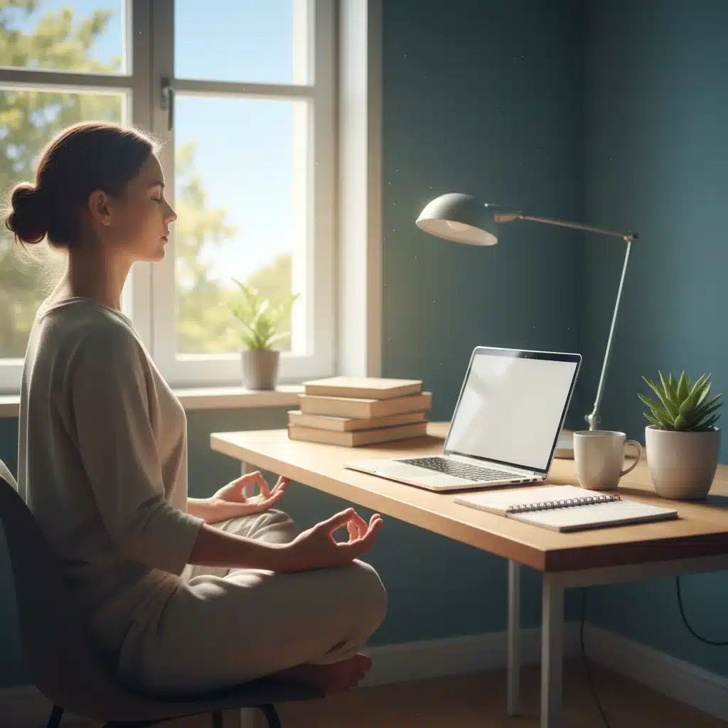 Individual practicing deep breathing at an organized desk, enhancing focus