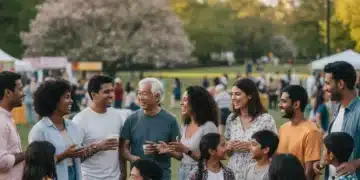Diverse community members engaging in a cross-cultural dialogue event in a park.