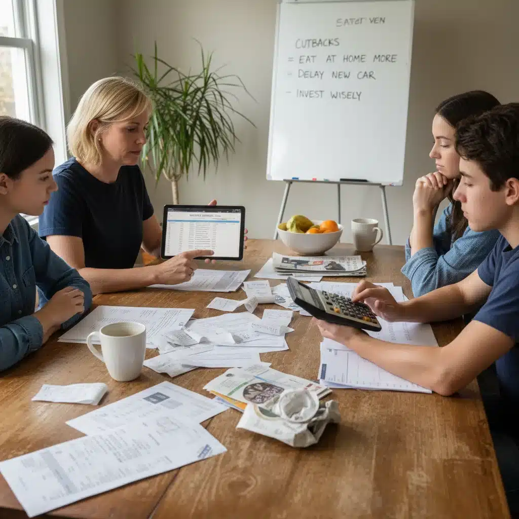 Family budgeting at kitchen table, managing finances amidst inflation.