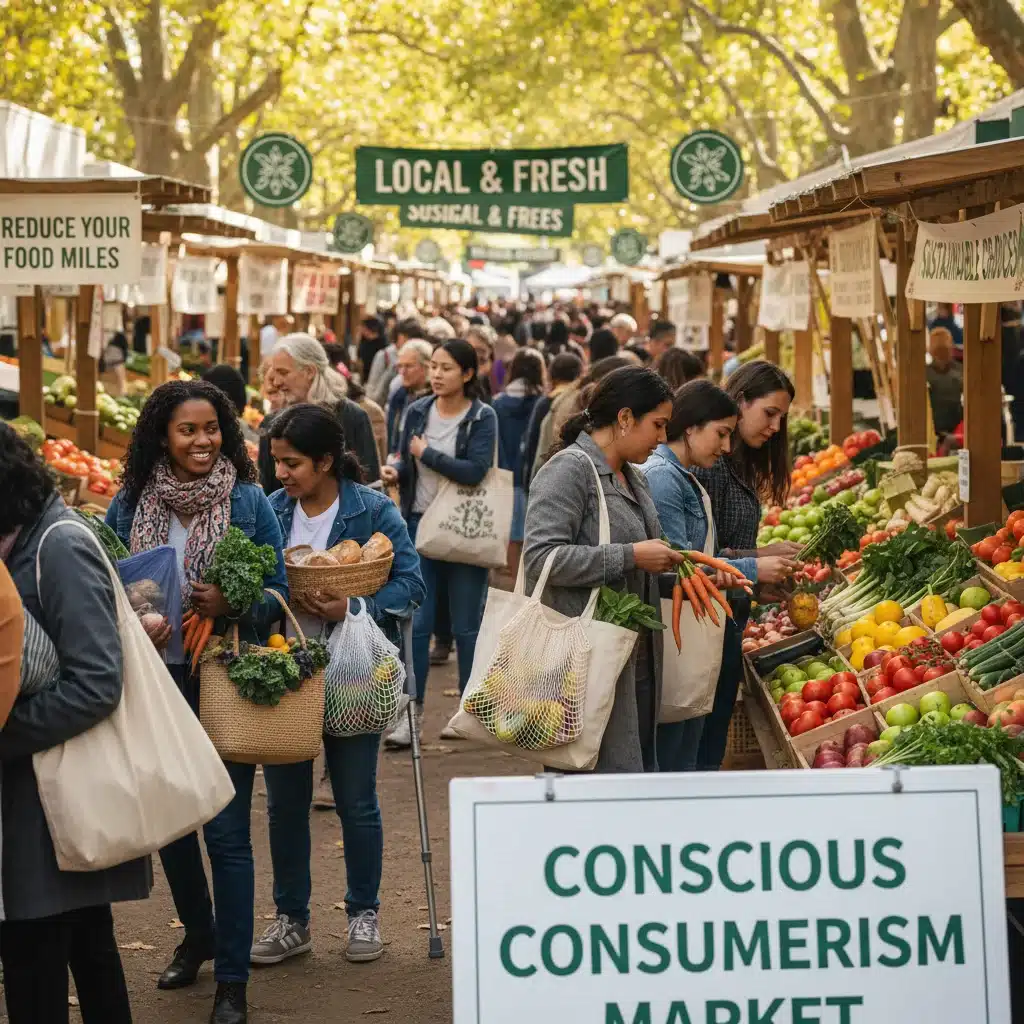 People at a vibrant farmers market with reusable bags, buying fresh, local produce, highlighting sustainable food choices.