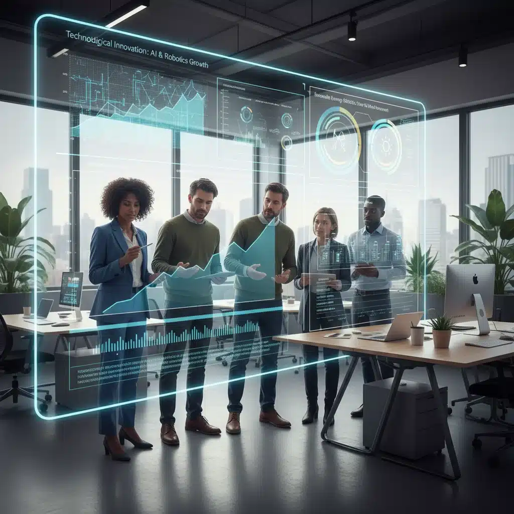 Financial professionals analyzing data for tech innovation and renewable energy investments.