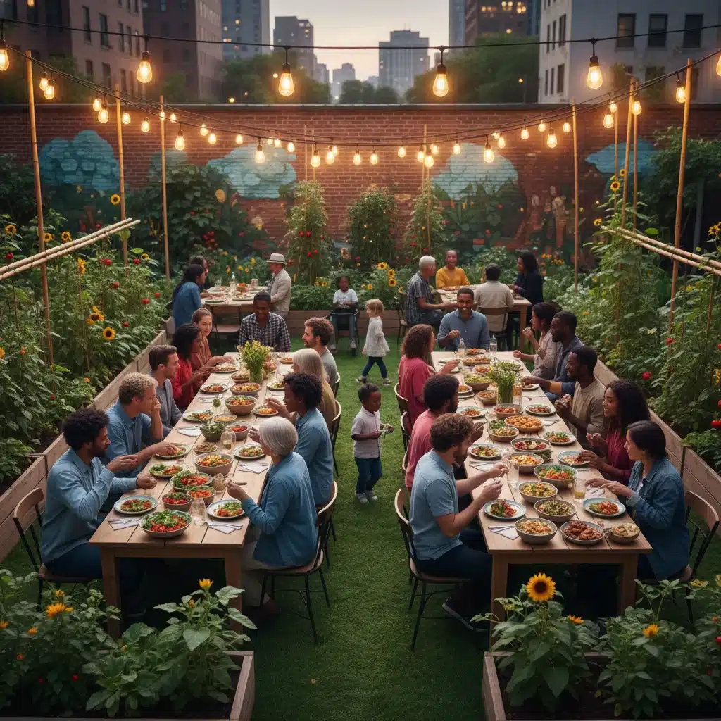Community potluck event in a vibrant urban garden setting