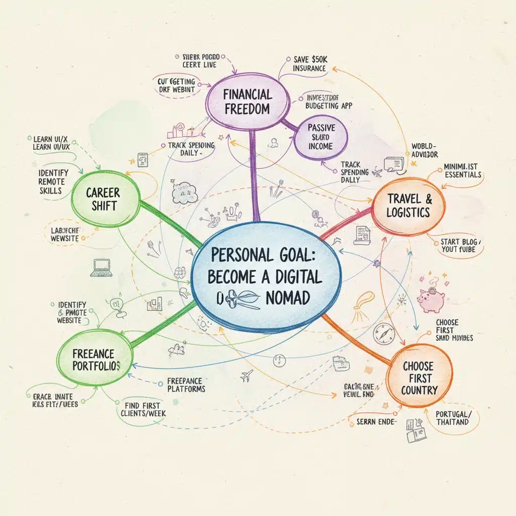 Detailed mind map illustrating brainstorming and initial planning for personal goal achievement.