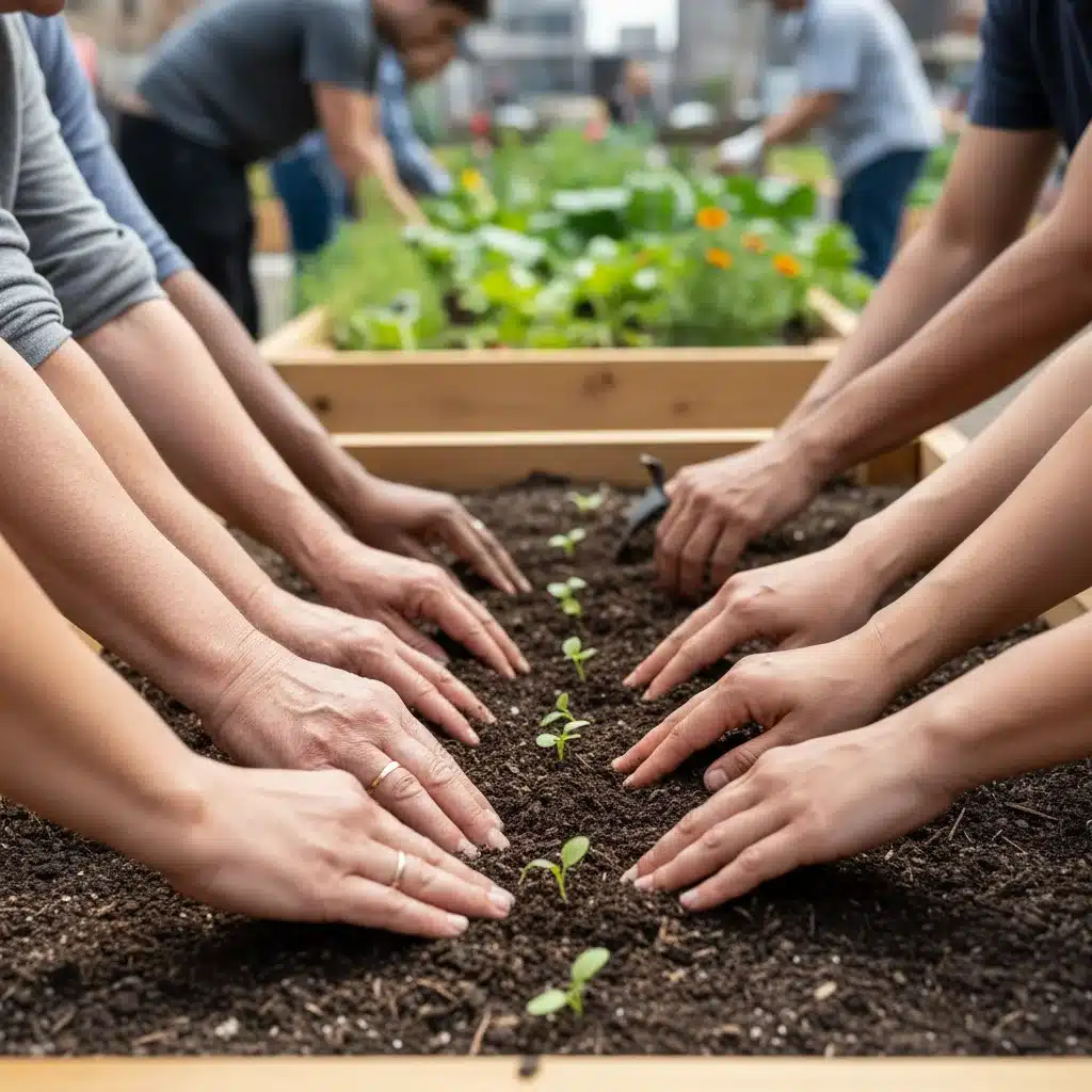 Diverse hands planting seedlings in a community garden bed