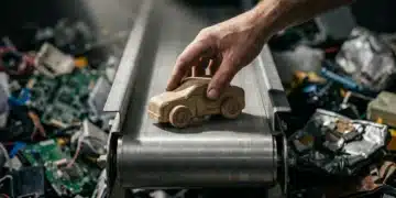 A weathered hand places a repaired wooden toy car onto a steel conveyor belt, symbolizing the circular economy, contrasting with discarded electronic waste.