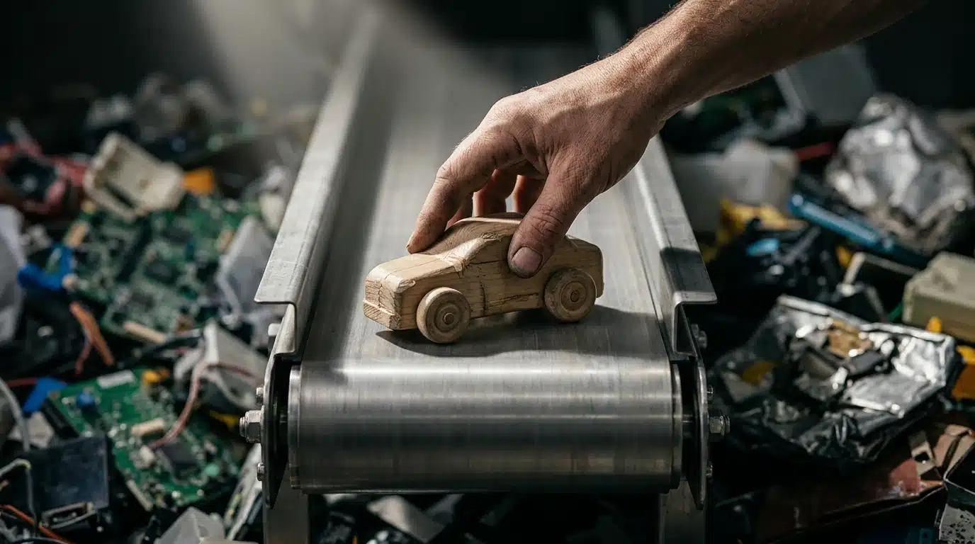 A weathered hand places a repaired wooden toy car onto a steel conveyor belt, symbolizing the circular economy, contrasting with discarded electronic waste.