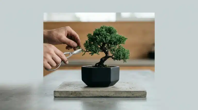 A human hand carefully prunes a delicate bonsai tree in a geometric pot, symbolizing intentional personal growth and self-awareness.