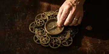 A human hand adjusts a compass amidst antique gears on a mahogany desk, symbolizing navigating financial changes with expert guidance.