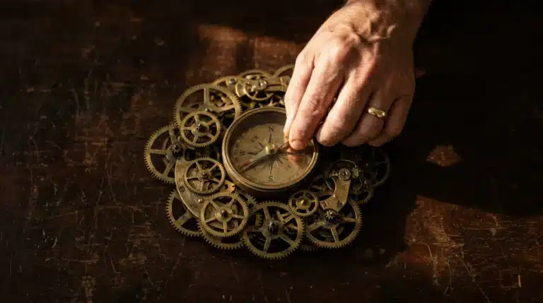 A human hand adjusts a compass amidst antique gears on a mahogany desk, symbolizing navigating financial changes with expert guidance.