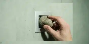 A hand struggles to fit a rough river stone into a polished square slot, symbolizing the failure of quick fixes in personal growth.