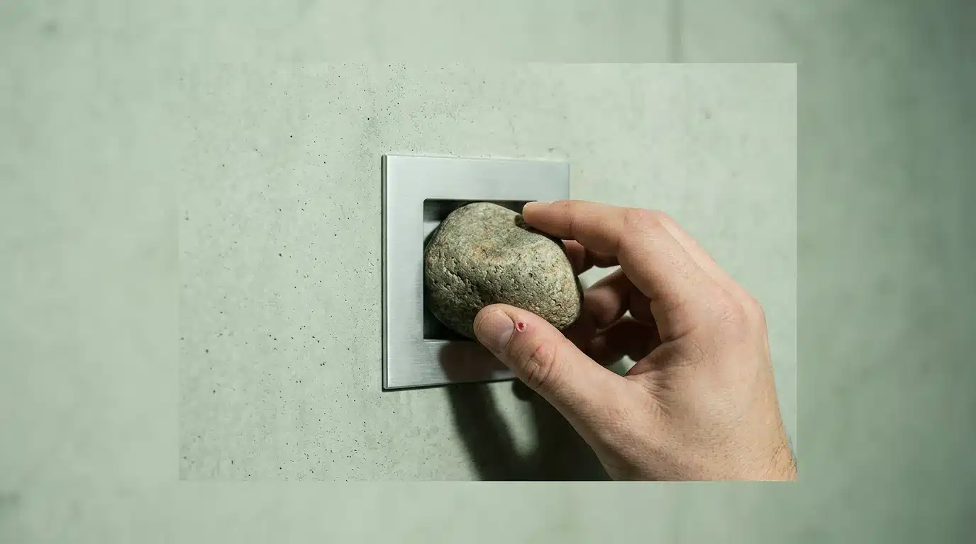 A hand struggles to fit a rough river stone into a polished square slot, symbolizing the failure of quick fixes in personal growth.