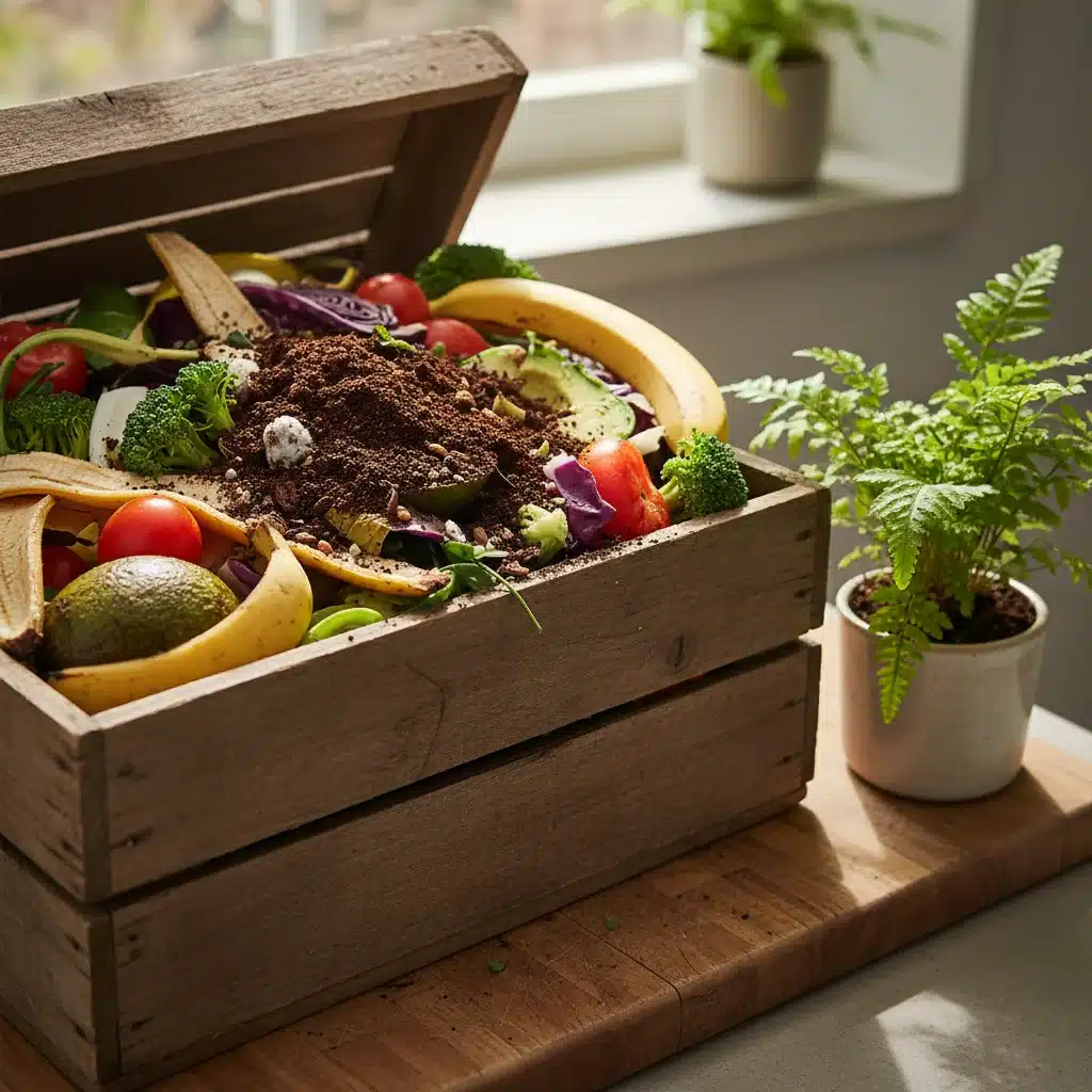 Kitchen compost bin with organic food scraps for waste reduction