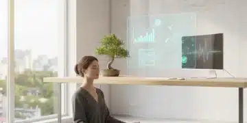 Person meditating in a modern office, representing mindful productivity in 2026