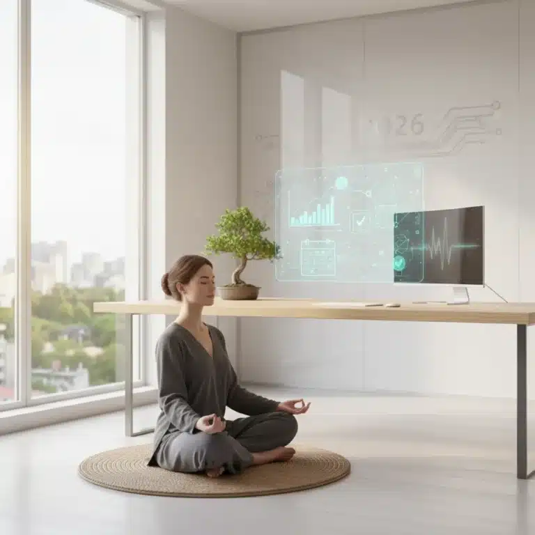Person meditating in a modern office, representing mindful productivity in 2026