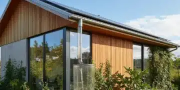 Modern home with integrated rainwater harvesting system reducing water bills