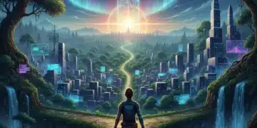 Person confidently navigating crossroads towards a bright future, symbolizing personal transformation and adaptation.