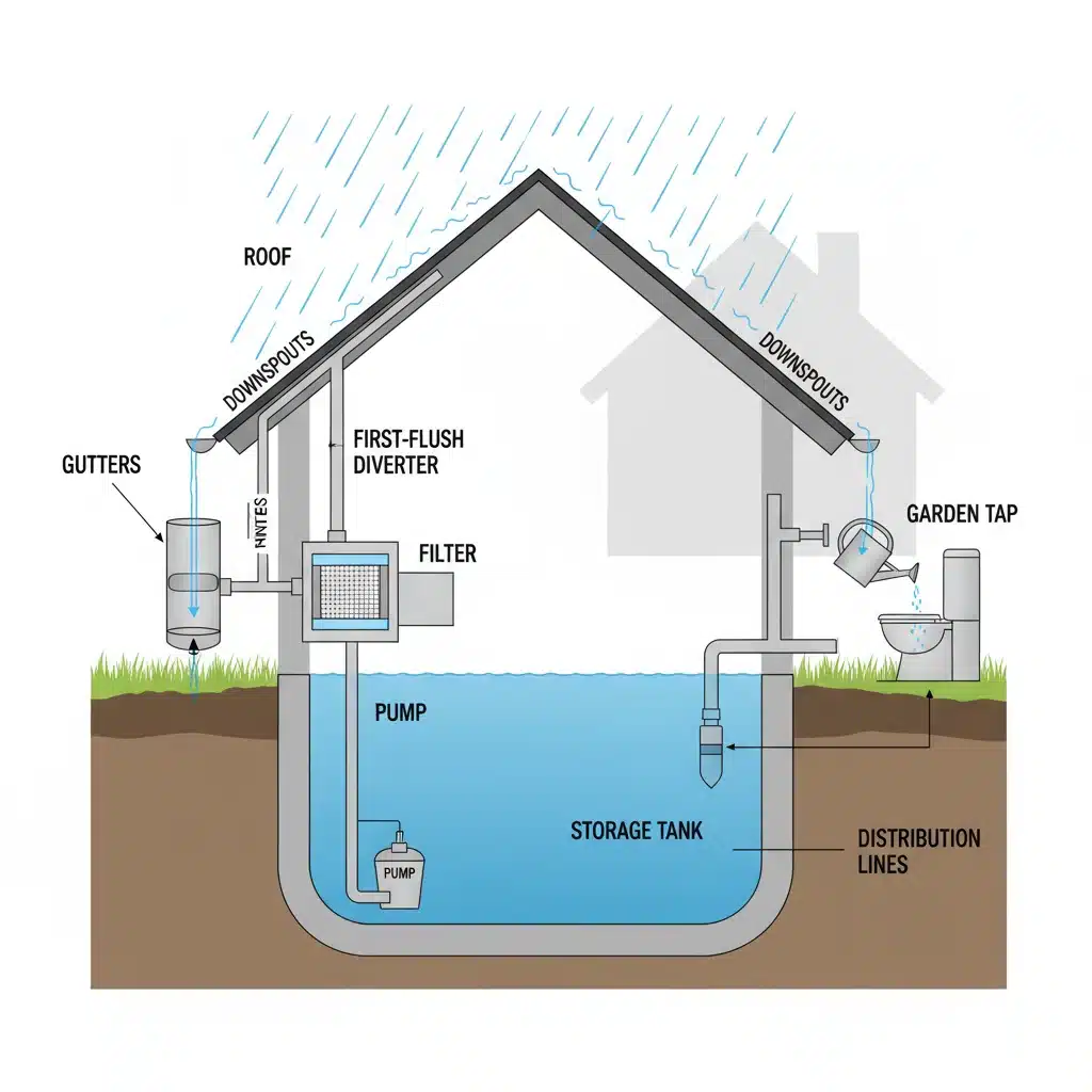 Diagram showing components of a domestic rainwater harvesting system