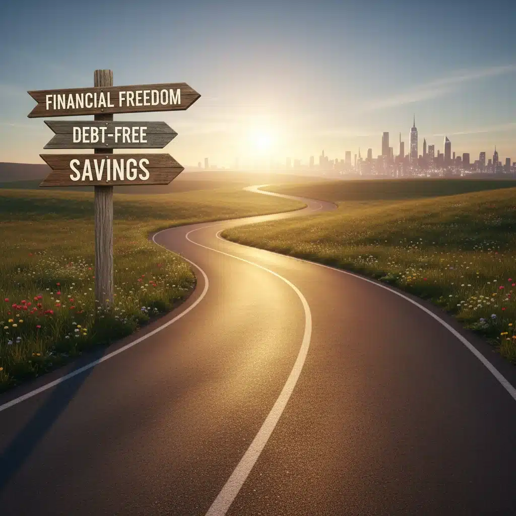 Winding road with signs for 'Debt-Free' and 'Financial Freedom', representing a successful financial journey.