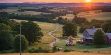 Rural landscape with visible fiber optic network and family using laptop, symbolizing improved connectivity