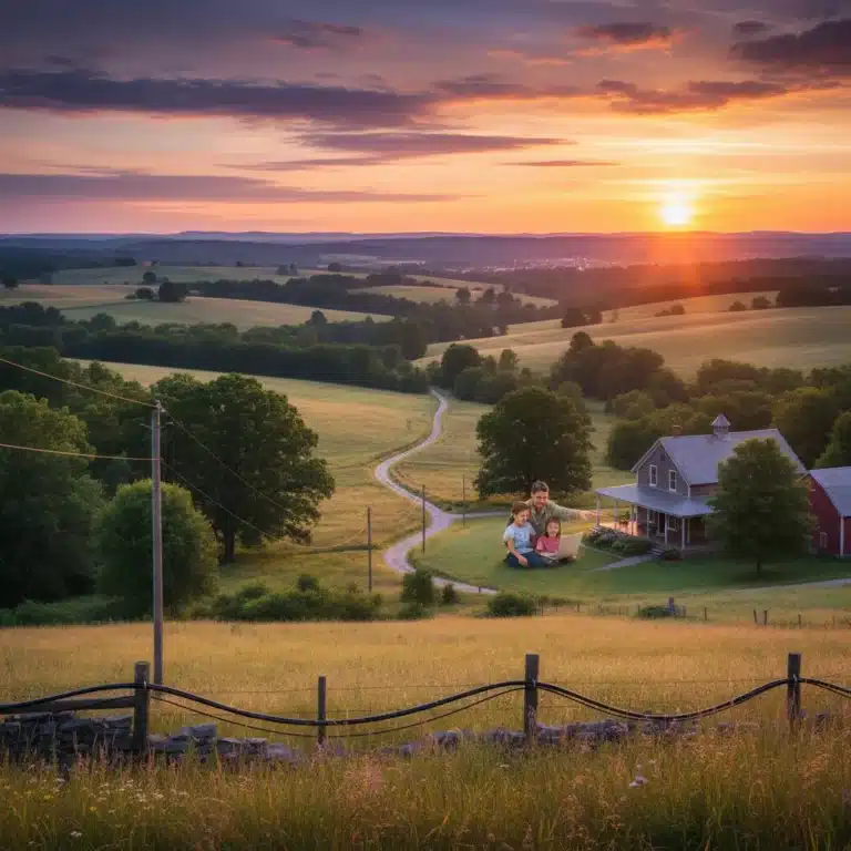 Rural landscape with visible fiber optic network and family using laptop, symbolizing improved connectivity