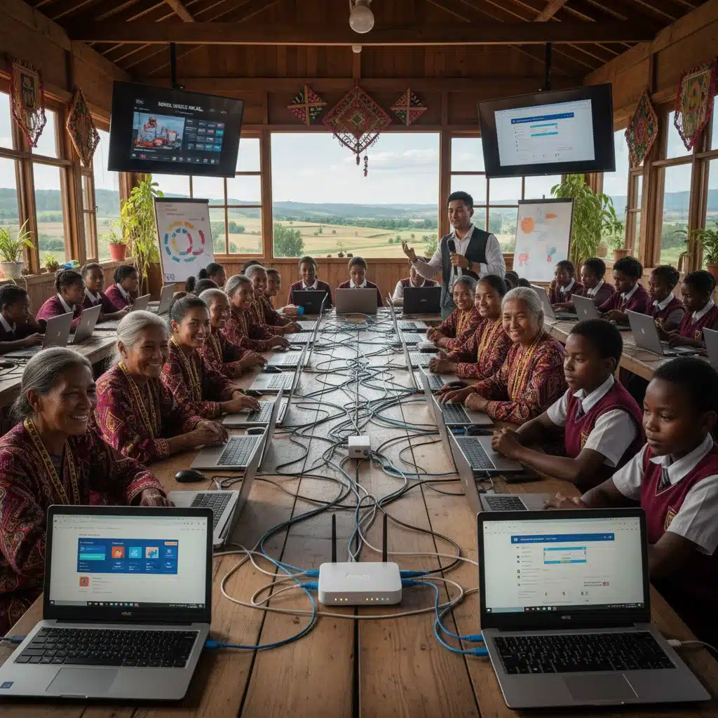 Diverse rural community members attending a digital literacy workshop with high-speed internet