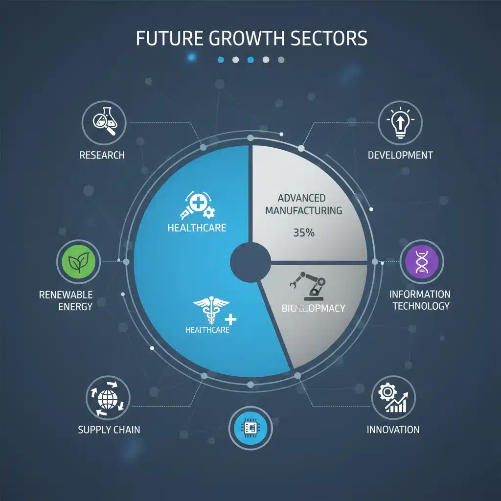 Infographic depicting sector breakdown with focus on healthcare and advanced manufacturing growth.