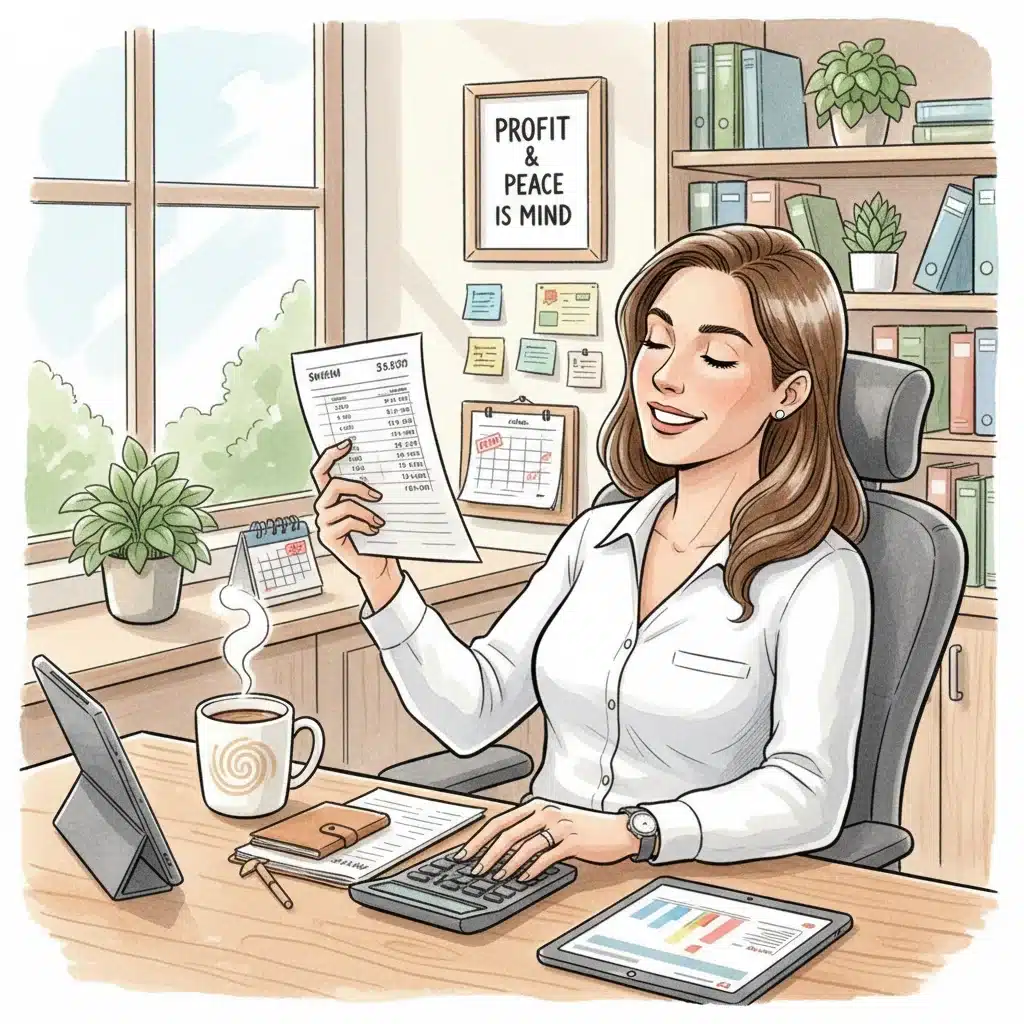 Small business owner calculating deductions, financial relief.
