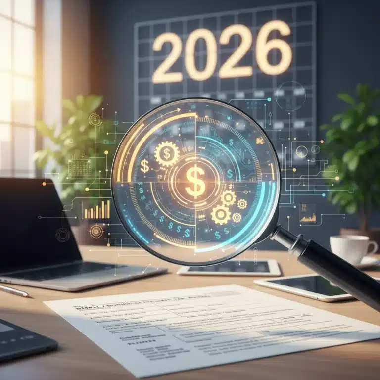 Smart tax planning for small businesses in 2026, magnifying glass over tax forms and dollar signs.