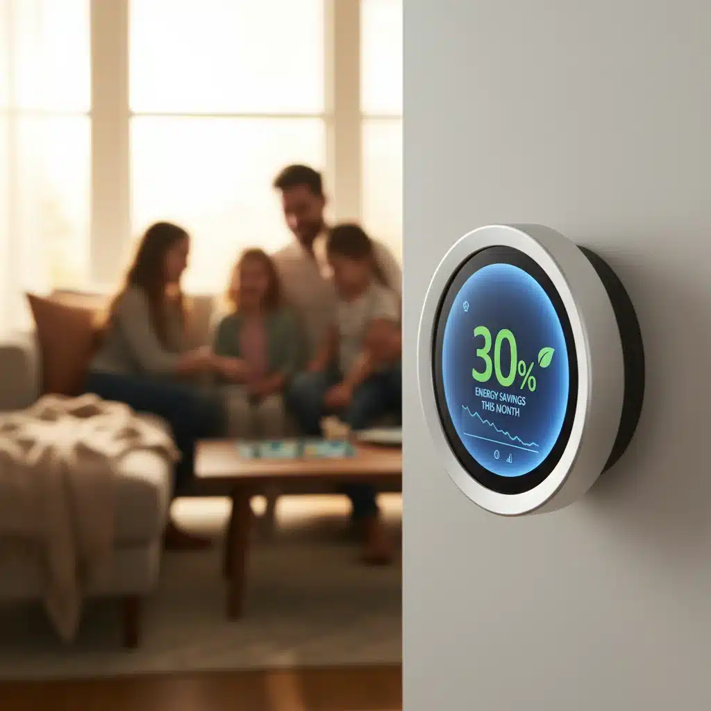 Smart thermostat screen showing energy savings, with a blurred family enjoying their home in the background, representing efficient home energy use.