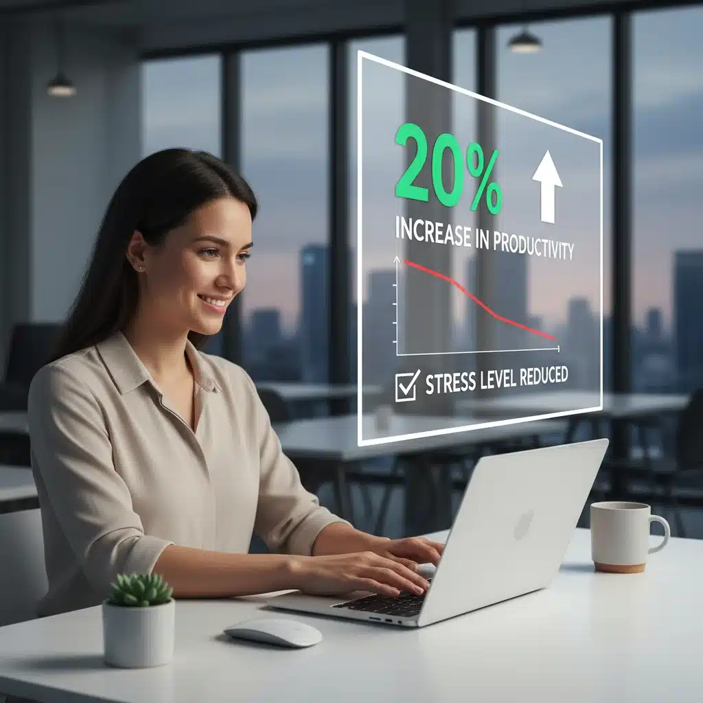 Person closing laptop with satisfaction, showing increased productivity and reduced stress