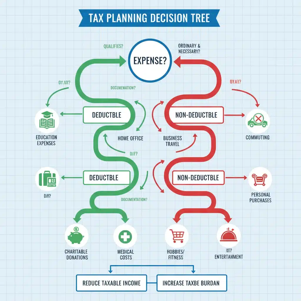 Tax planning flowchart with deductible expenses, strategic financial decisions.