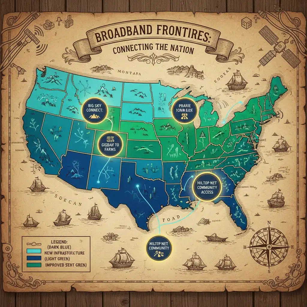Map of U.S. showing improved broadband infrastructure in rural areas