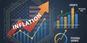 Graphic showing US economic outlook with inflation arrow and financial charts.